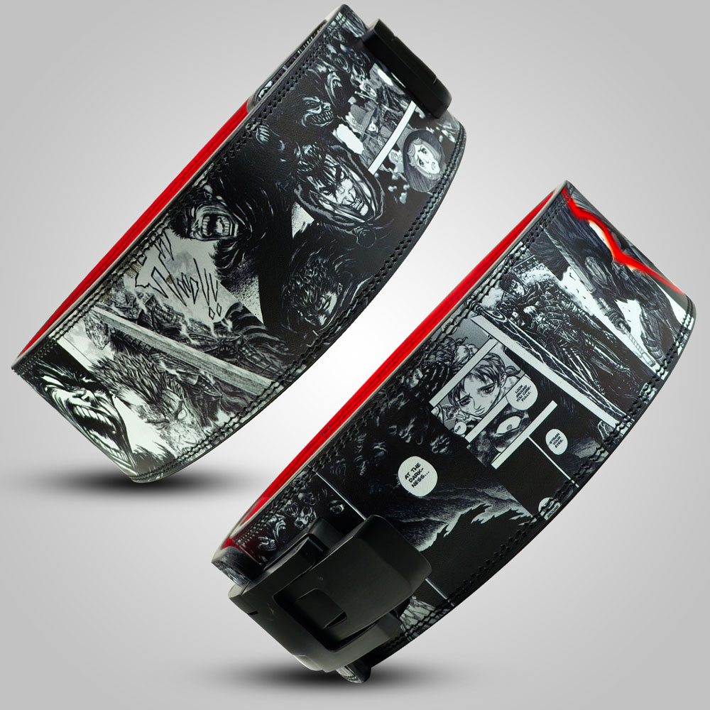 Powerlifting belt featuring Berserk artwork, heavy-duty lever buckle, and durable support.