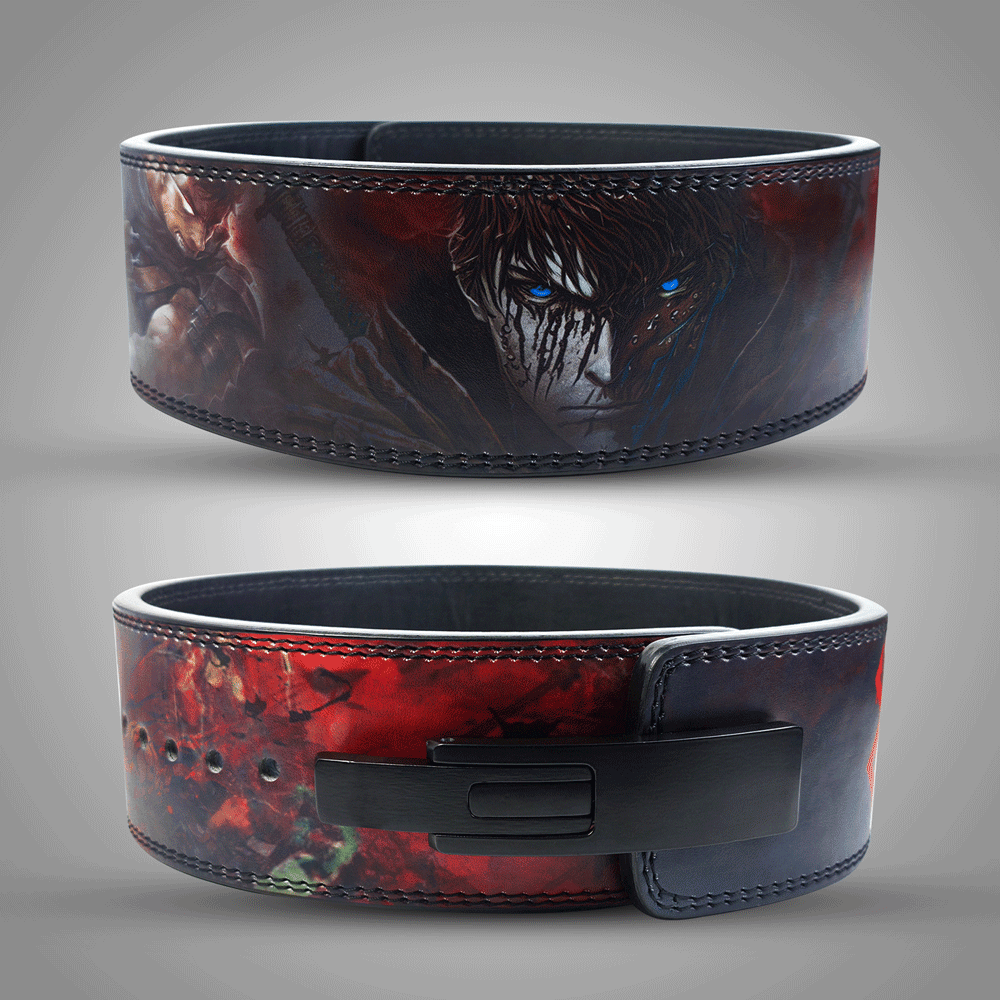 Berserker-inspired custom weightlifting belt with premium leather and lever buckle, showcasing a fierce warrior design