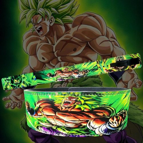Dragon Ball Z Broly weightlifting belt featuring vibrant green premium leather with Legendary Super Saiyan artwork and black lever buckle