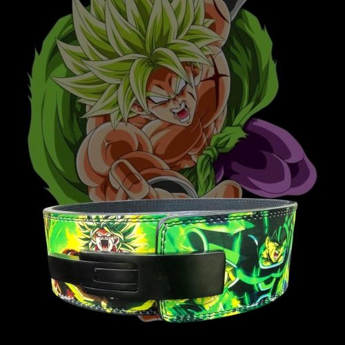 Legendary Saiyan powerlifting belt showing detailed Broly character design with green energy effect and precision stitching