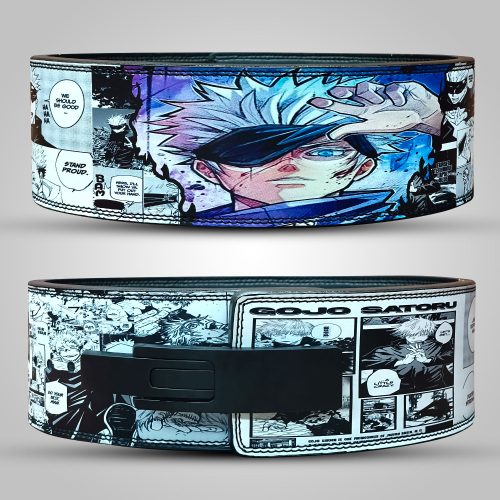 Satoru Gojo anime weightlifting belt with custom design and durable leather support.