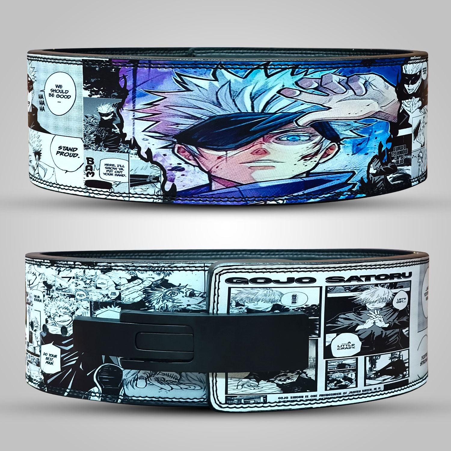 Satoru Gojo anime weightlifting belt with custom design and durable leather support.