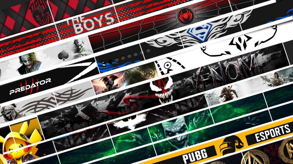 Custom weightlifting belt banner with Dynamic collage of pop culture and gaming themes, featuring logos and artwork from The Boys, Predator, Venom, Batman, Superman, Spiderman, Assassin’s Creed, PUBG, Pikachu, Joker, and Esports, arranged in bold diagonal stripes.