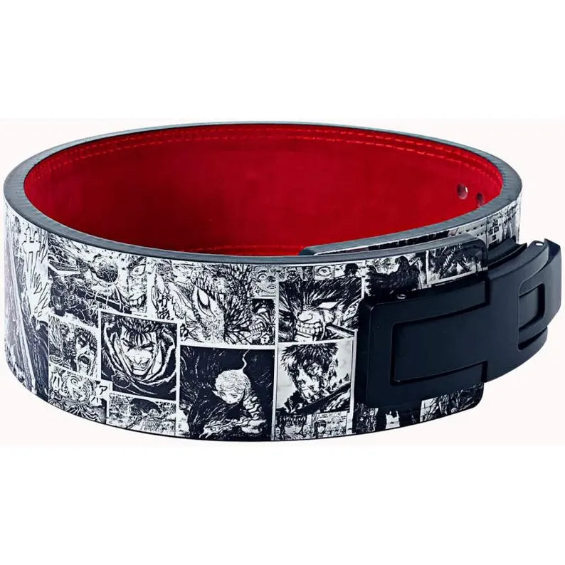 Back view of the Berserk Powerlifting Lever Belt showcasing detailed manga artwork, double-stitched edges, and adjustable holes for a custom fit.
