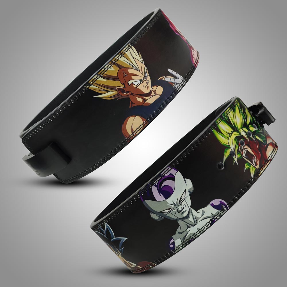 Dragon Ball Z-inspired weightlifting belts: one belt displays Majin Buu and Goku, the other features Broly. Made of premium black leather with sturdy black clasps, designed for fitness enthusiasts and anime fans.
