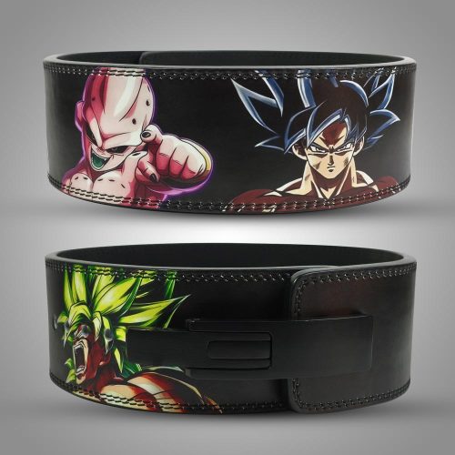 Two black leather weightlifting belts on a grey background. The top belt features Majin Buu pointing beside Goku with blue hair, while the bottom belt showcases Broly with spiky green hair. Both have black metal buckles and vibrant Dragon Ball Z artwork.