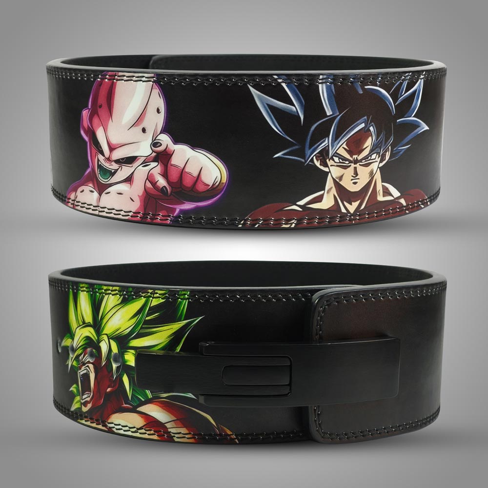 Two black leather weightlifting belts on a grey background. The top belt features Majin Buu pointing beside Goku with blue hair, while the bottom belt showcases Broly with spiky green hair. Both have black metal buckles and vibrant Dragon Ball Z artwork.
