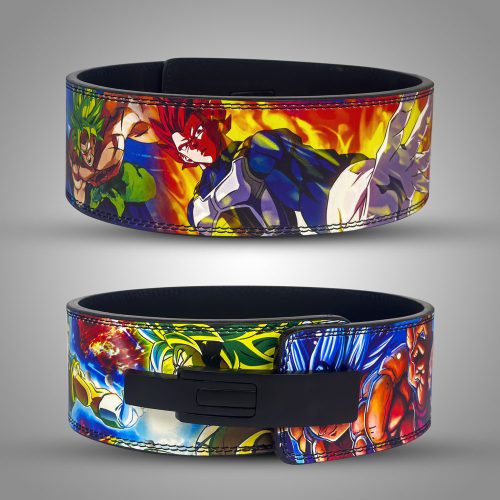Anime-themed weightlifting belt featuring vibrant Dragon Ball characters, including Broly, Goku, and Vegeta in various Super Saiyan forms, with a secure black lever buckle.