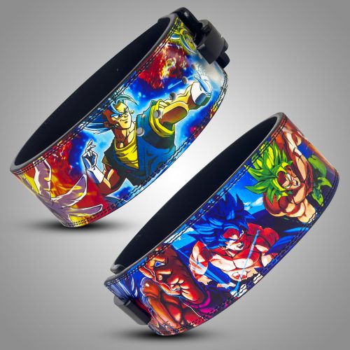 Anime-themed weightlifting belt featuring vibrant Dragon Ball characters, including Broly, Goku, and Vegeta in various Super Saiyan forms, with a secure black lever buckle.