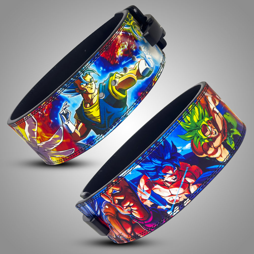 Anime-themed weightlifting belt featuring vibrant Dragon Ball characters, including Broly, Goku, and Vegeta in various Super Saiyan forms, with a secure black lever buckle.