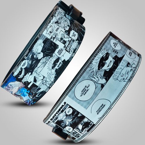 Powerlifting belt featuring Satoru Gojo artwork, heavy-duty leather, and lever buckle.
