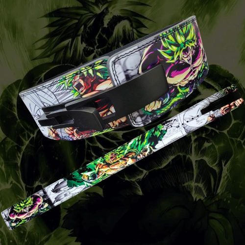 Close detail of Super Saiyan Broly design on leather gym belt
