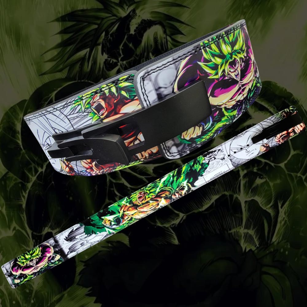 Close detail of Super Saiyan Broly design on leather gym belt