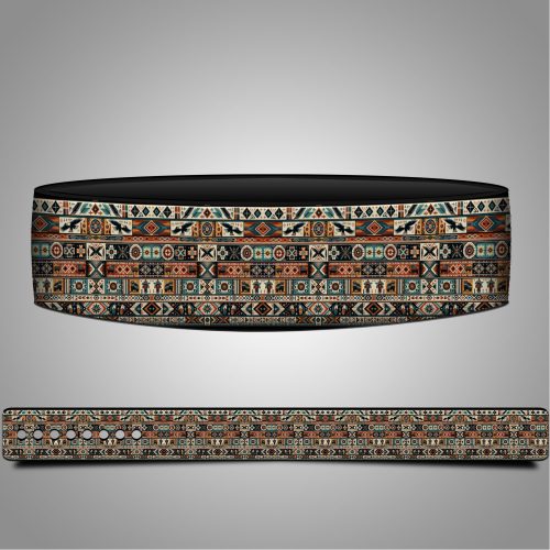 Two Native Power Lifting Belts displayed; each features intricate geometric patterns inspired by Native American designs in orange, turquoise, black, and beige. The top belt shows its black top, while the lower belt is fully extended to display the band’s colorful pattern.