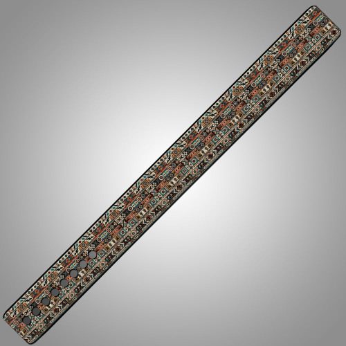 Premium weightlifting belt featuring an intricate Aztec-inspired pattern in turquoise, orange, and black. The belt displays a continuous geometric design with traditional tribal motifs, complete with sturdy metal rivets for adjustable sizing. Perfect for powerlifting and strength training support.
