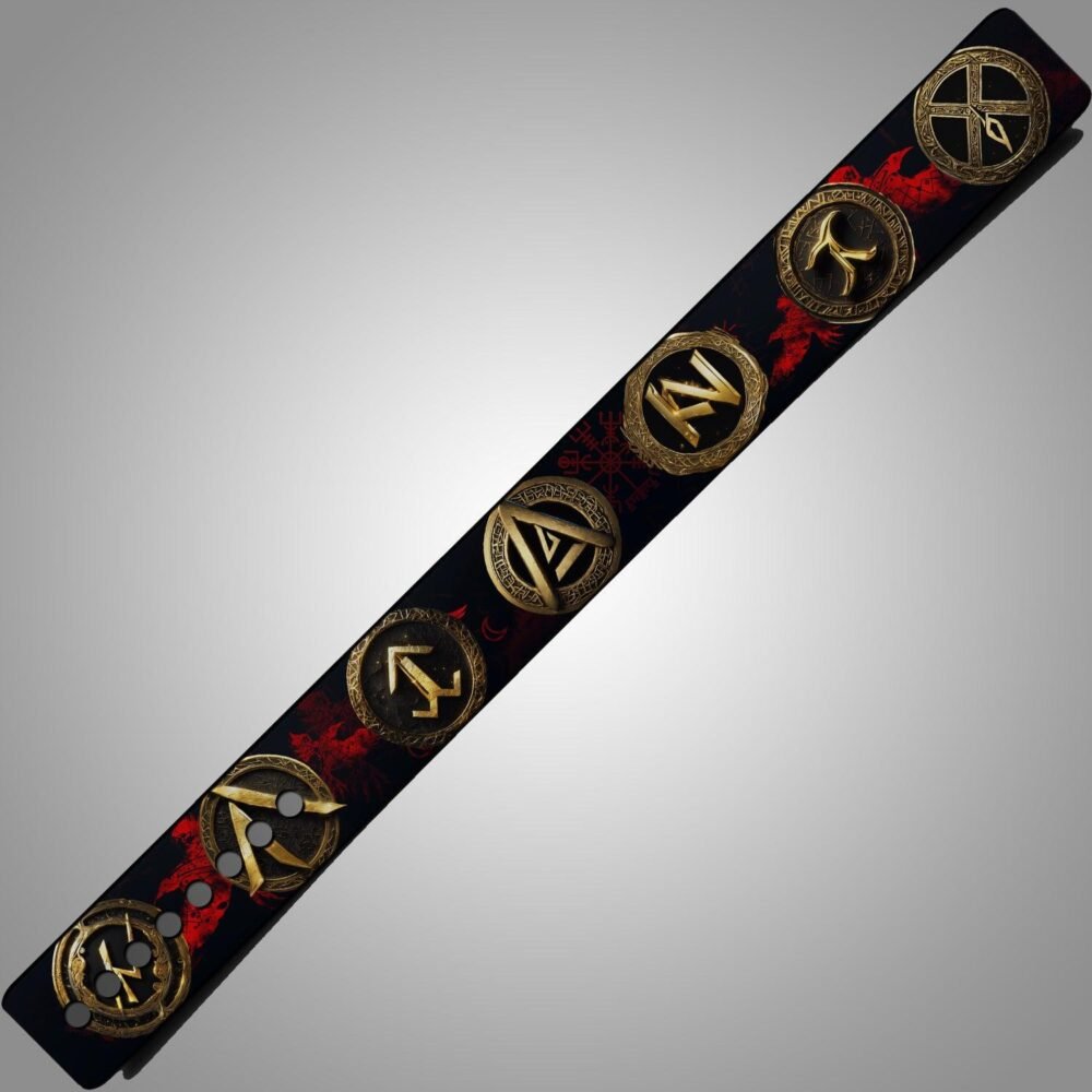 Norse Runes weightlifting belt with premium leather and lever buckle, featuring ancient rune symbols.