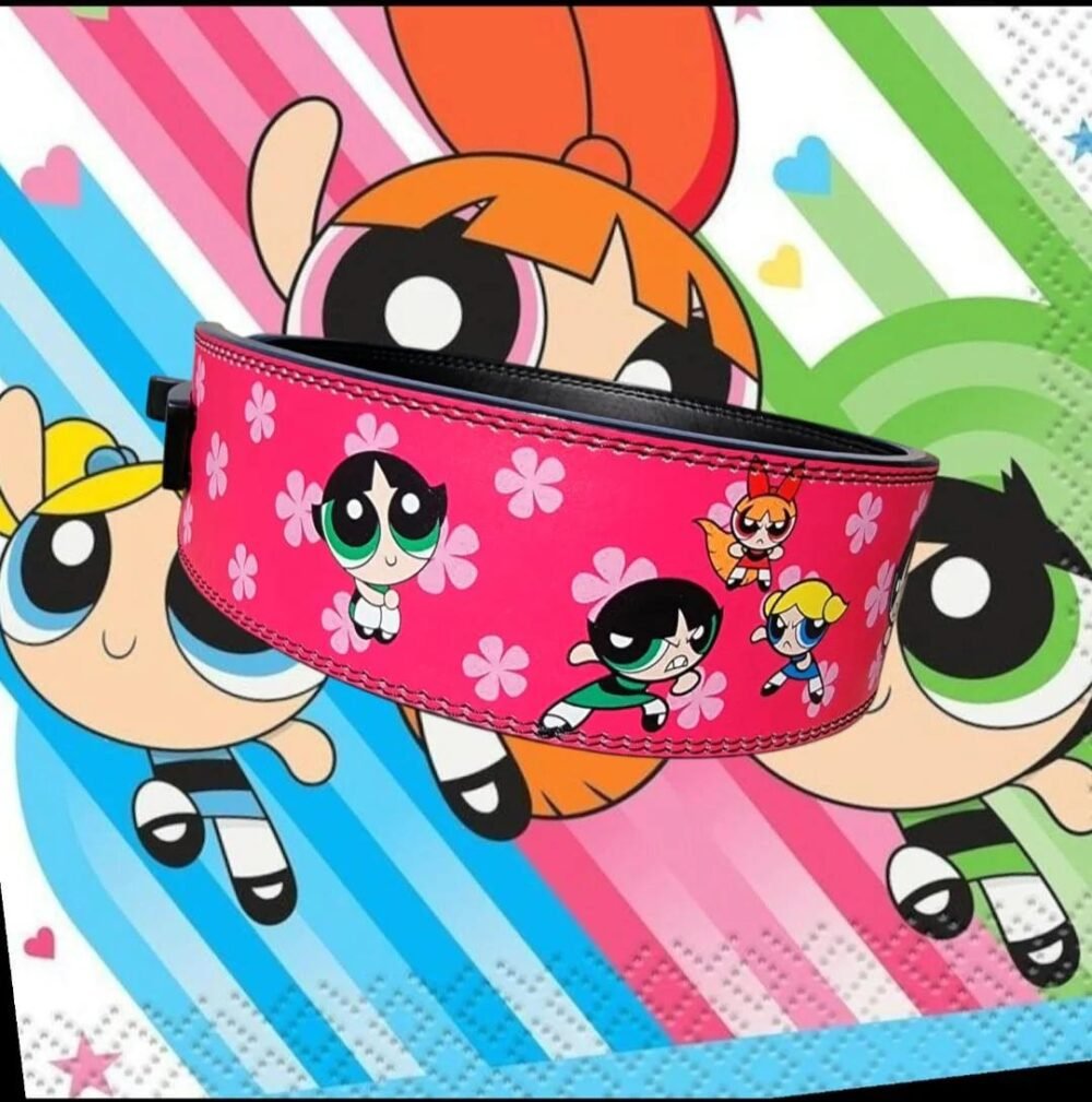 Leather weightlifting belt featuring Powerpuff Girls design for gym use