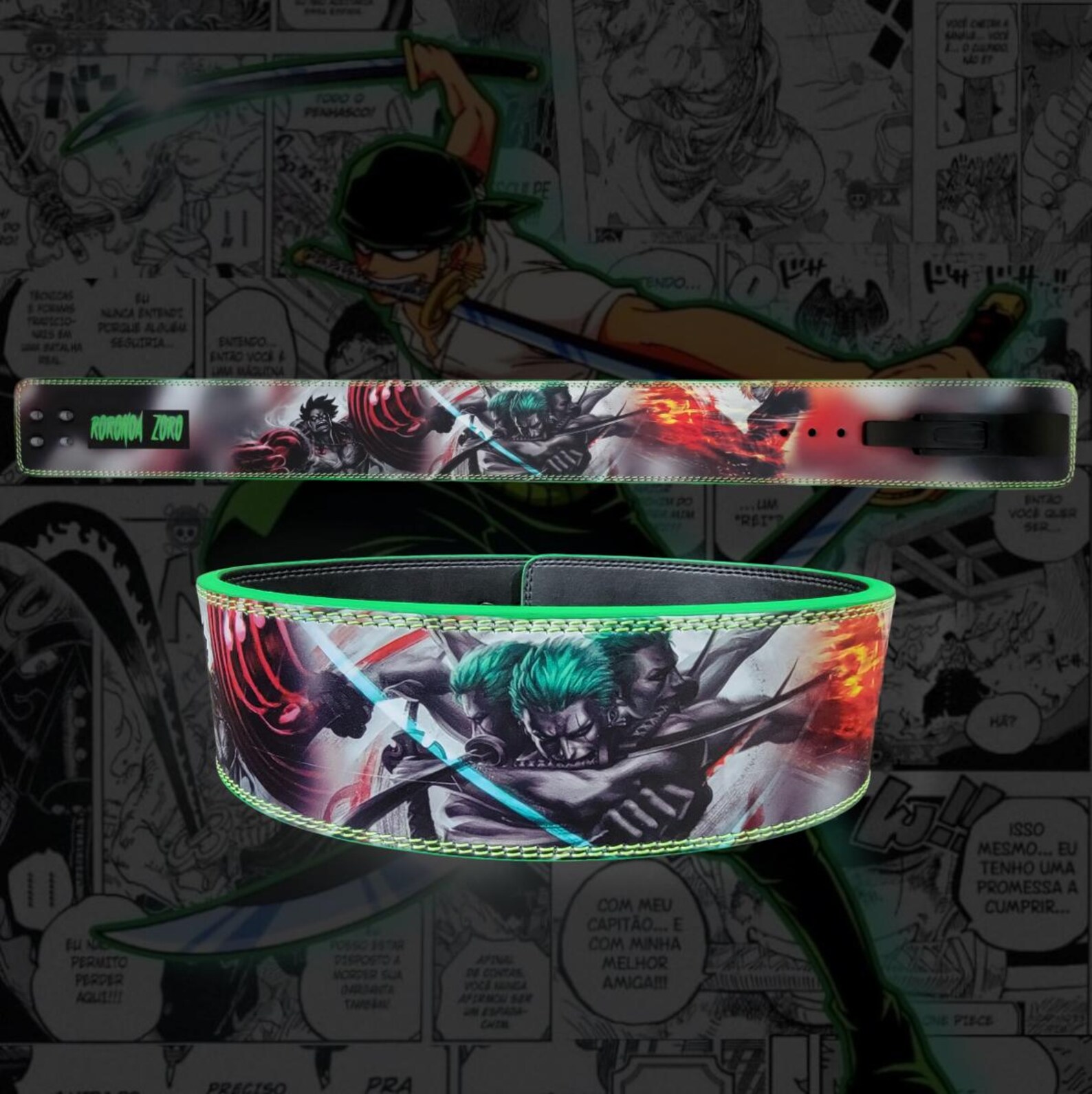 Product shot of a One Piece weightlifting belt featuring Roronoa Zoro. The top view shows the belt laid flat with the character's name, while the bottom view is curved, highlighting the action-packed exterior design and green trim.
