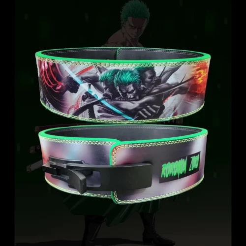 Roronoa Zoro-themed weightlifting belt from One Piece, displayed flat (top) and curved (bottom) against a backdrop of manga panels, showcasing vibrant character artwork in green, red, and black.