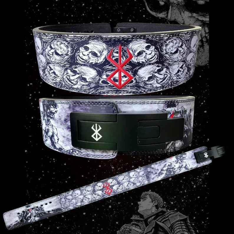 Front view of the Berserker Strength Lever Belt featuring a skull-themed design, premium leather, and a heavy-duty lever buckle for secure lifting support.