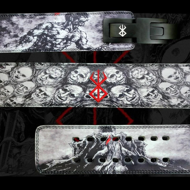 Back view of the Berserker Strength Lever Belt showcasing detailed skull artwork, double-stitched edges, and adjustable holes for a custom fit