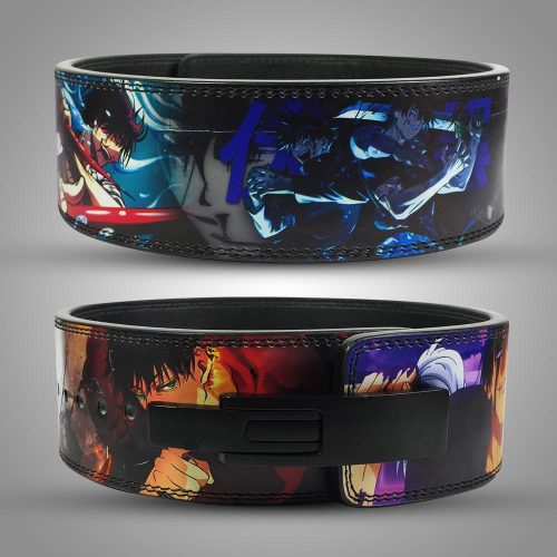 Toji Fushiguro-inspired weightlifting belt with vibrant Jujutsu Kaisen artwork, featuring premium leather and a heavy-duty lever buckle.