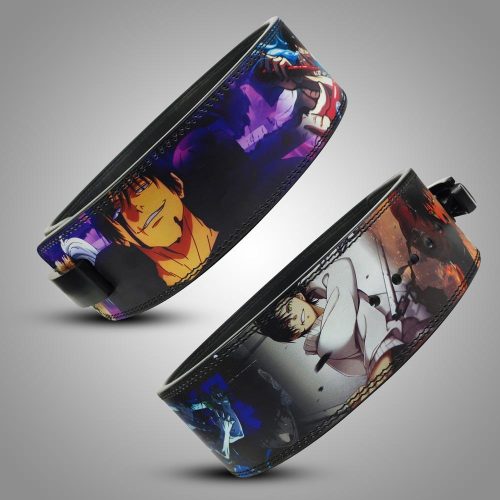 Close-up of the Toji Fushiguro weightlifting belt showcasing its fade-resistant anime design and durable stitching.