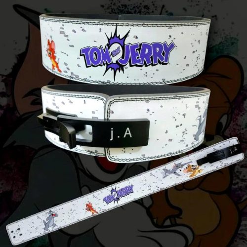 Tom & Jerry weight lifting belt with Premium Leather  shown on gym equipment
