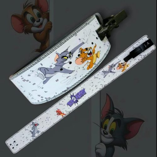 Tom & Jerry weight lifting belt with Lever buckle shown on gym equipment