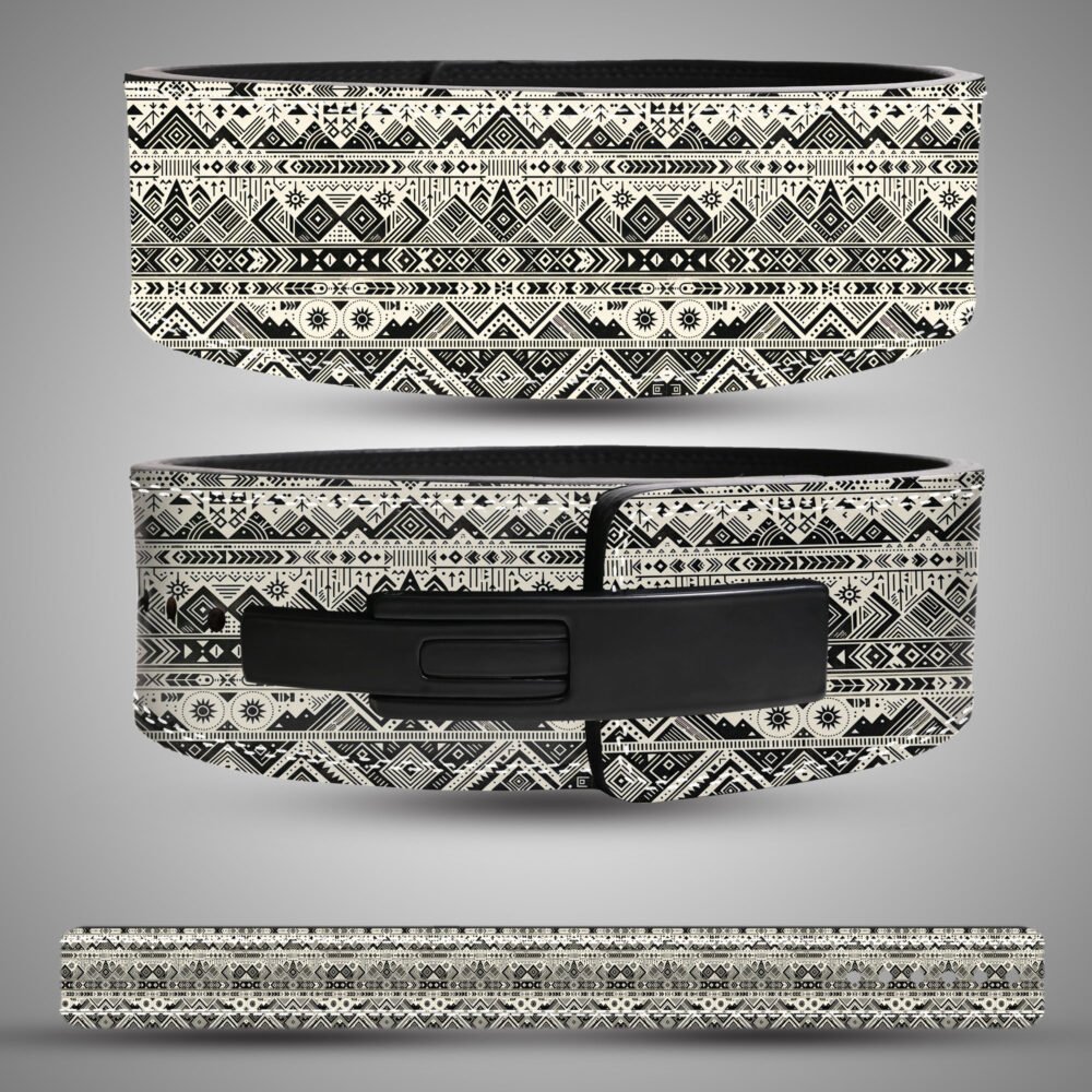 Tribal patterned leather weightlifting belt featuring black and beige geometric and ethnic motifs with a solid black lever buckle.
