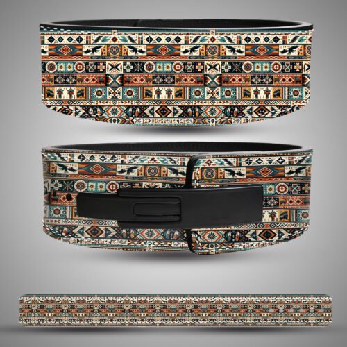 Colorful tribal pattern leather weightlifting belt featuring geometric and ethnic motifs in orange, teal, black, and beige tones with a black lever buckle.