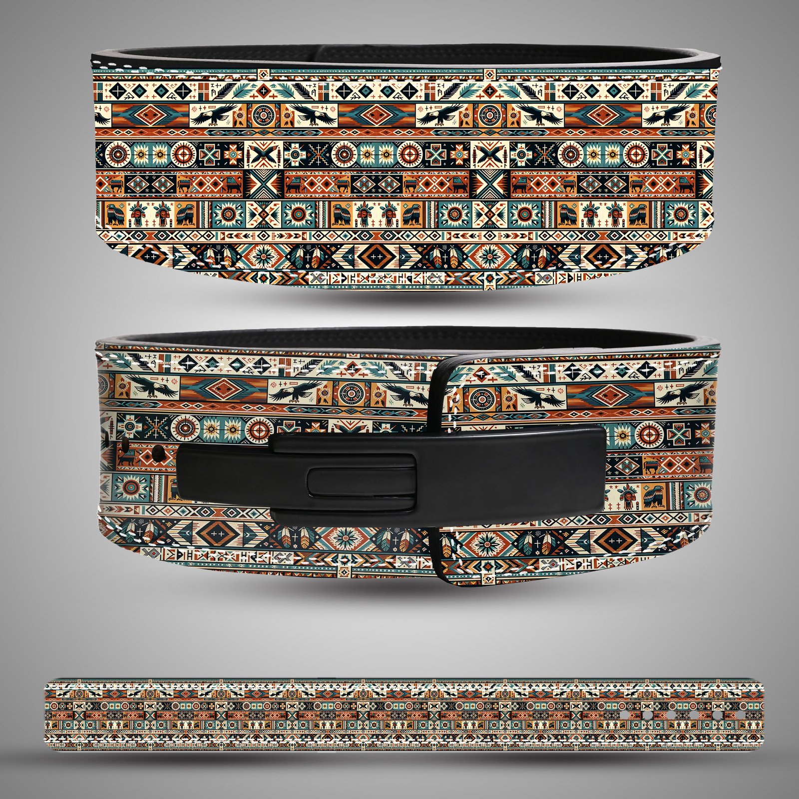 Colorful tribal pattern leather weightlifting belt featuring geometric and ethnic motifs in orange, teal, black, and beige tones with a black lever buckle.