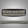 A decorative Tribal Pattern Weightlifting belt shown in two views: one from above revealing its rounded, black top, and one from the side displaying a patterned band with repeating geometric shapes—triangles, diamonds, and floral motifs—in black, white, and gray.