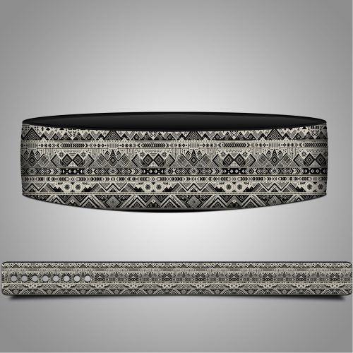 A decorative Tribal Pattern Weightlifting belt shown in two views: one from above revealing its rounded, black top, and one from the side displaying a patterned band with repeating geometric shapes—triangles, diamonds, and floral motifs—in black, white, and gray.