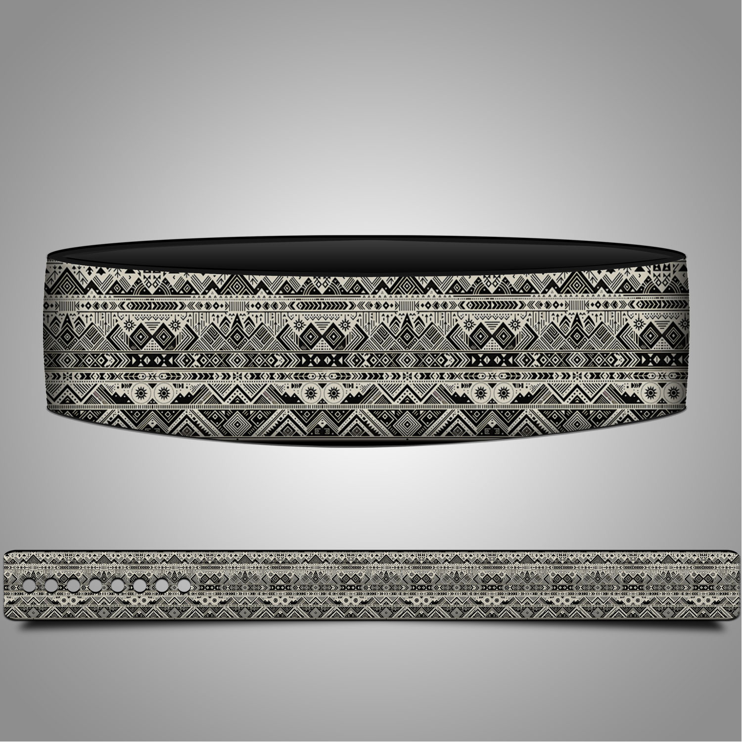 A decorative Tribal Pattern Weightlifting belt shown in two views: one from above revealing its rounded, black top, and one from the side displaying a patterned band with repeating geometric shapes—triangles, diamonds, and floral motifs—in black, white, and gray.