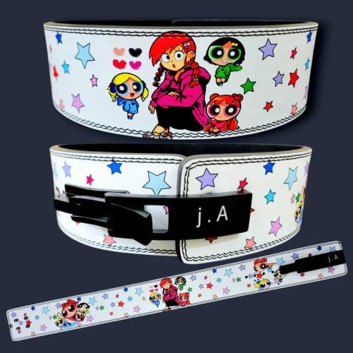 Powerpuff Girls weightlifting belt with lever buckle and cartoon graphics