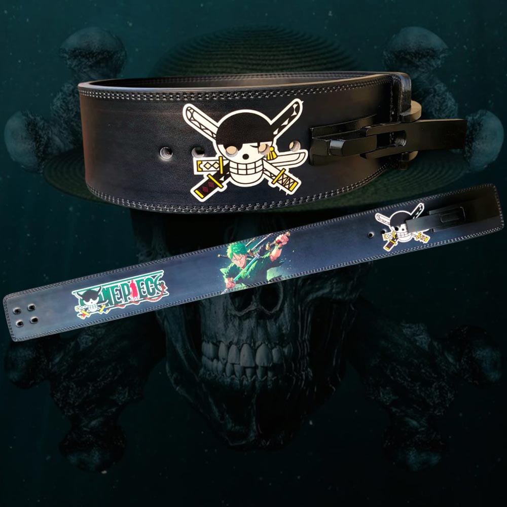 Full view of Roronoa Zoro themed powerlifting belt showing detailed artwork and stitching