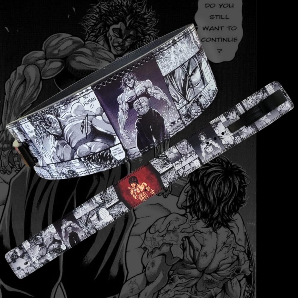 Close-up of the manga design weight lifting belt with durable stitching and adjustable holes.
