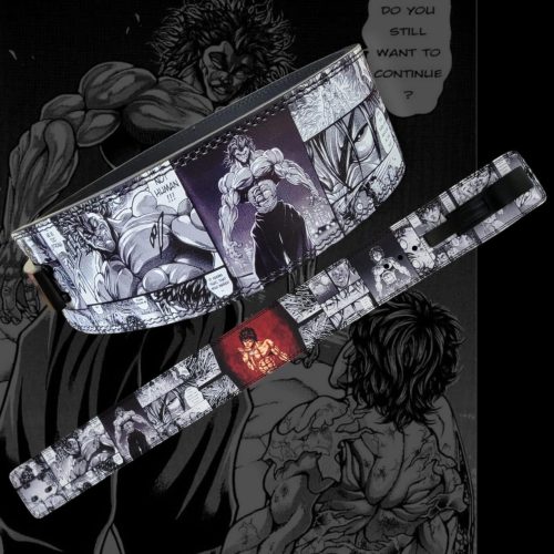 Close-up of the manga design weight lifting belt with durable stitching and adjustable holes.
