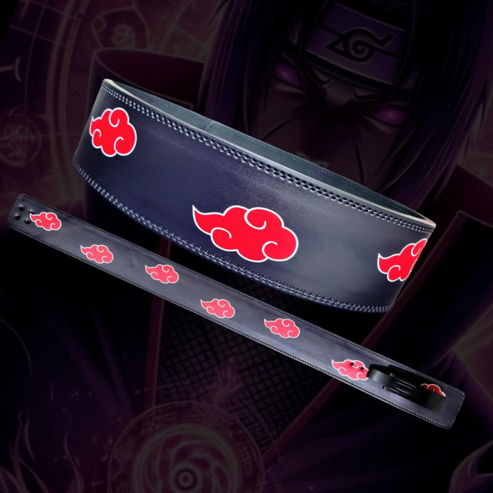 Akatsuki gym belt featuring red clouds and Itachi Uchiha in the background