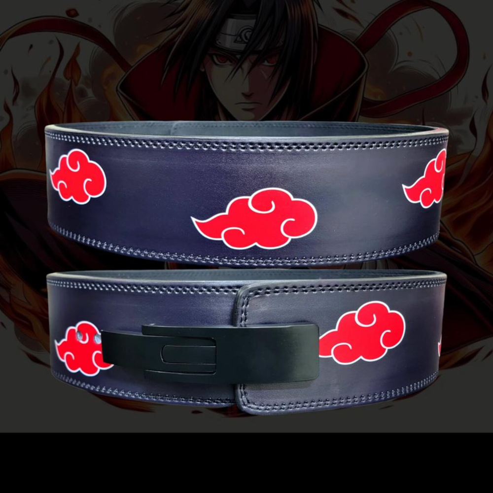 Akatsuki weight lifting belt with red anime cloud symbols and heavy-duty lever buckle
