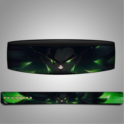 Two views of a Broly-themed weight lifting belt. The top shows the belt curved, featuring a dramatic illustration of Broly's face with glowing green energy. The bottom view displays the same belt laid flat, highlighting the design details and the adjustable holes.