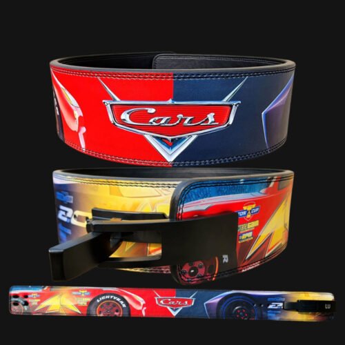 Lightning McQueen weightlifting belt with red racing design and car-inspired graphics.
