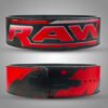 RAW weightlifting belt with red and black leather design and lever buckle.