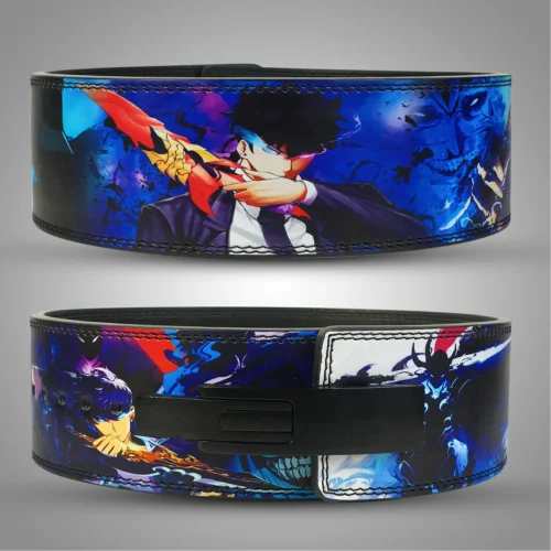 Solo Leveling anime weightlifting belt featuring Sung Jin-Woo artwork with glowing blue effects and black lever buckle.