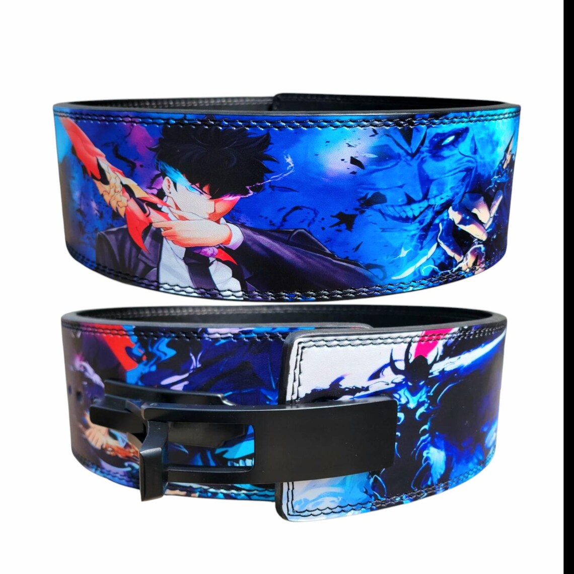 Front view of Solo Leveling weight lifting belt showing Shadow Monarch design with blue accents and heavy-duty lever buckle