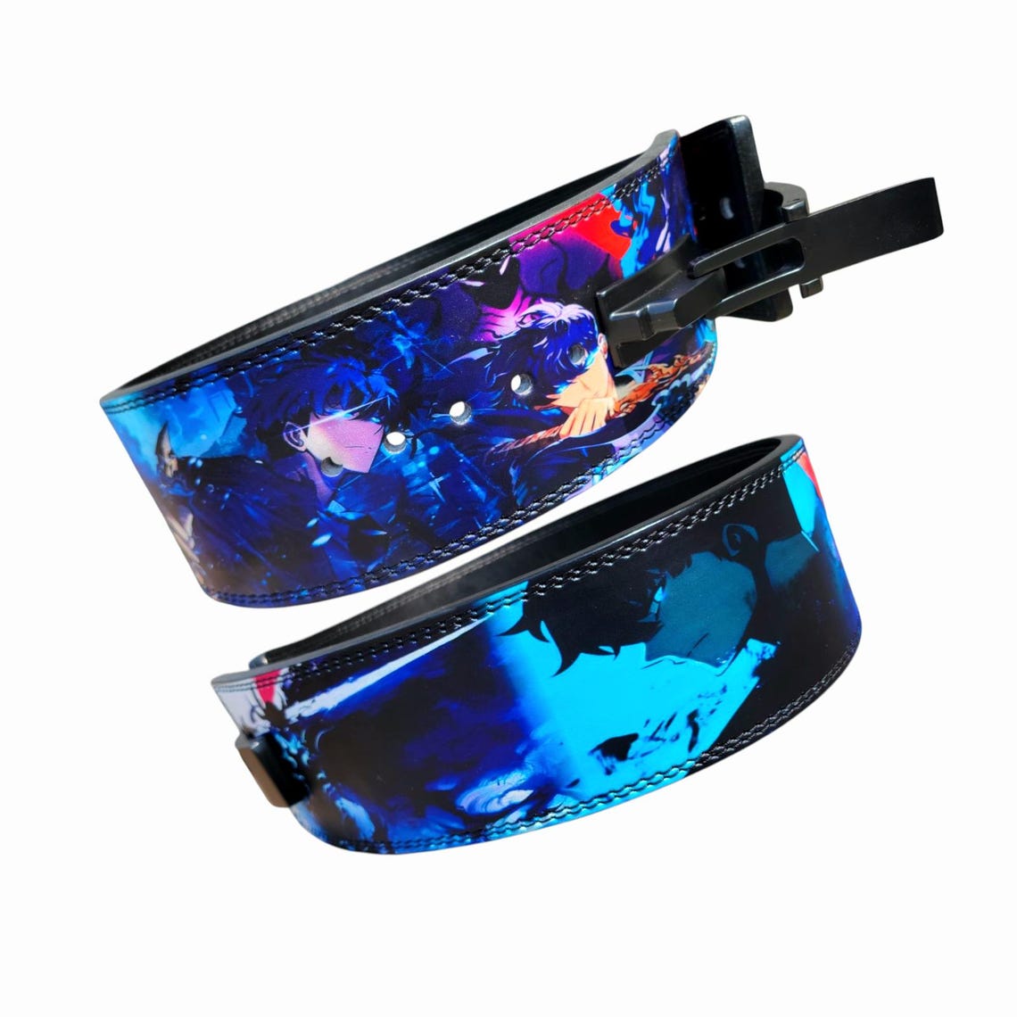 Side profile of Solo Leveling weight lifting belt displaying 13mm premium split leather thickness and double-edge stitching