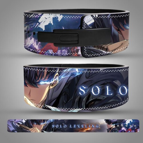 Solo Leveling anime weightlifting belt featuring Sung Jin-Woo artwork with glowing blue effects and black lever buckle.