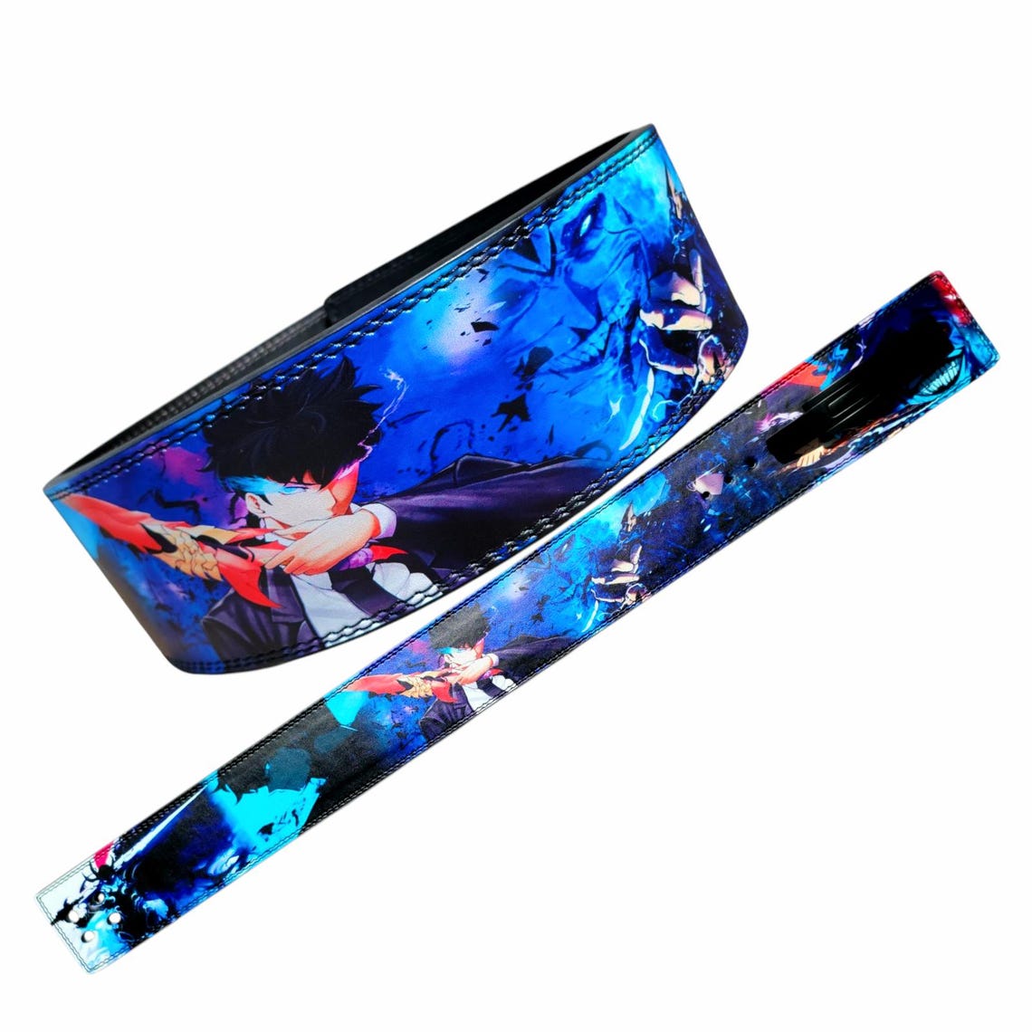 Side profile of Solo Leveling weight lifting belt displaying 13mm premium split leather thickness and double-edge stitching