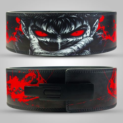 Berserk Fury Weightlifting Belt front view with anime face, red eyes, double stitching, black leather.